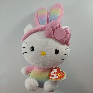 Ty Beanie Babies 8" Sanrio Hello Kitty Rainbow Easter Bunny Plush Stuffed 2013